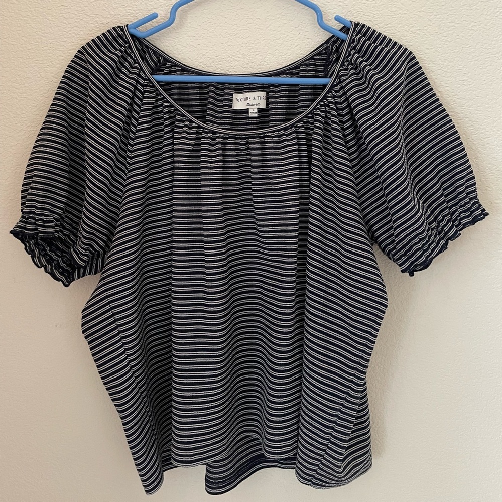 Madewell: Navy Blue Texture & Thread Peasant Top (Excellent Condition)